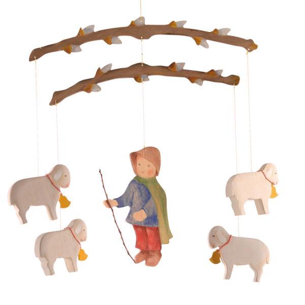 優しい表情の羊飼いと羊たち。羊飼いはフラット、羊たちは厚みがありベルの飾りもついています。また、支柱部分はねこやなぎがデザインされた凝った作りとなっており、ほんわかあったかい雰囲気をかもしだします。※羊飼いのデザインが画像の2枚目、3枚目の...