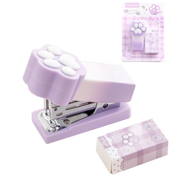 カラー：パープルスタイル：猫肉球デザイン【かわいいデザイン】 かわいい猫の肉球をモチーフにしたパープル色のホチキス。オフ ィスや学校で使える愛らしいデザイン【コンパクトサイズ】6.8cm×3.2cm×4.3cmの使いやすいサイズで、デスクや...