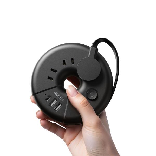 延長コード 短い 旅行 薄型プラグ 丸形 電源タップ usb付き 巻き取り式 3個AC口 1USB-Cポート 2USB-Aポート タコ足配線 たこあし