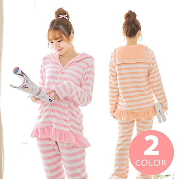 セーラー服風ボーダー柄のもこもこルームウェアセット ピンク オレンジ フリル リボン ルームウエア 可愛い ストライプ ふわふわ 大人 部屋着 防寒 春秋冬 Buyee Servis Zakupok Tretim Licom Buyee Pokupajte Iz Yaponii