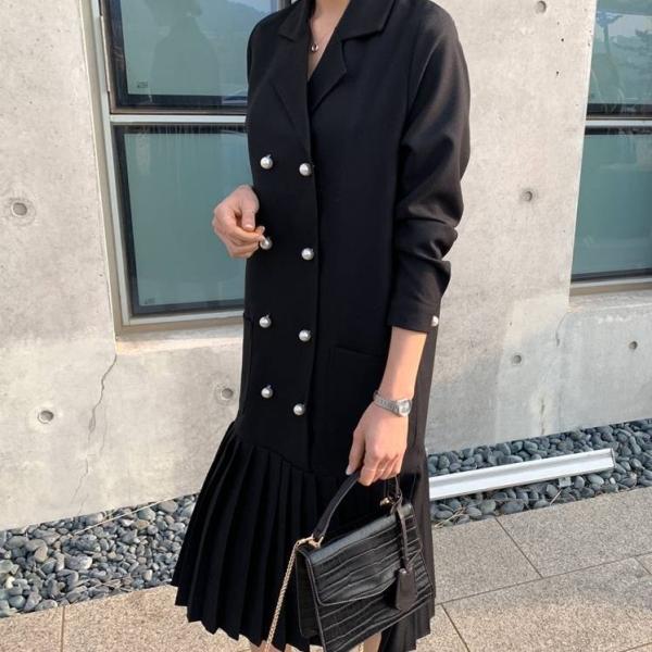 ワンピース ロング ミモレ丈 長袖 レトロ ワンピ おしゃれ 部分 プリーツ 切り替え デザイン 秋 冬 黒 無地 ジャケット風 ダブルボタン 10代 代 30代 Buyee 日本代购平台 产品购物网站大全 Buyee一站式代购 Bot Online