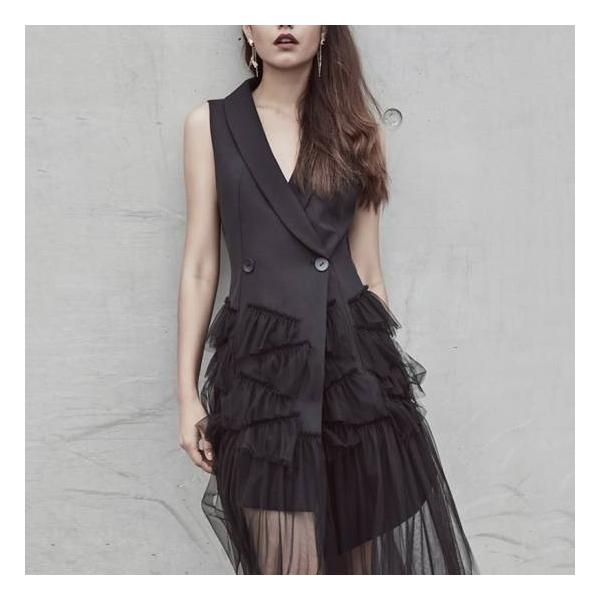 パーティードレス 膝丈 ミモレ丈 結婚式 お呼ばれドレス かっこいいパーティードレス ロングドレス 個性的 ワンピースドレス ドレス カシュクール 黒 ノースリ No1060 Marmelo Sunnyday 通販 Yahoo ショッピング