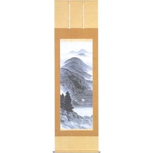 夏山水と船の図　　在銘刻印あり　水墨画　掛け軸 夏山水と船の図 在銘刻印あり 水墨画 掛け軸 真作】渓崖/
