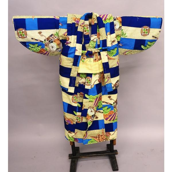 祝い着 一つ身 着物 でんち 男の子 お宮参り 折り鶴 松 鼓 笛 : 和装の