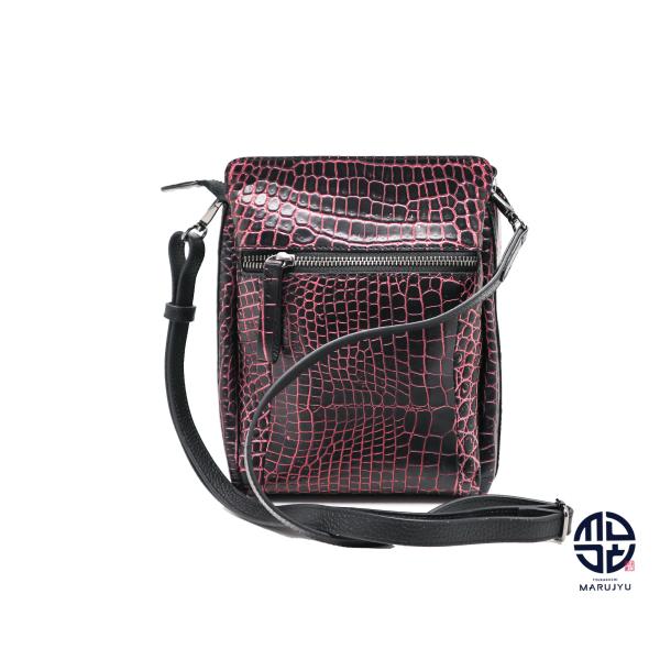 三宝、sanpoクロコダイル バッグ、シャイニー。ピンク 三宝 クロコダイル ワニ革 2WAY ミニショルダーバック ブラック/ピンク
