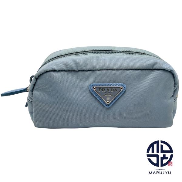 美品✨ PRADA プラダ ナイロン レザー 三角プレート ポーチ ブルー系 PRADA プラダ 水色 ブルー系 ナイロン ポーチ ブランド 小物入れ