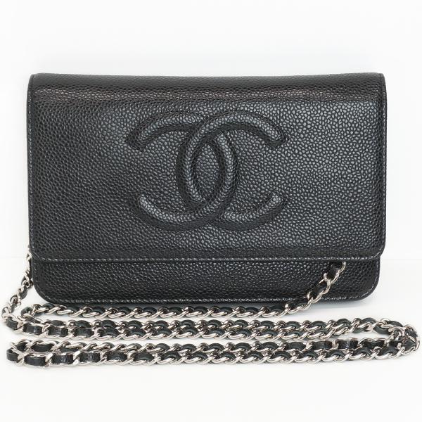 CHANEL（シャネル） キャビアスキン チェーンウォレット 黒 シルバー