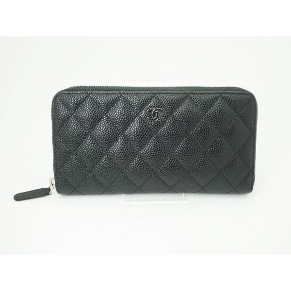 CHANEL シャネル マトラッセラウンドファスナー財布 長財布 キャビアスキン ブラック レディース シルバー金具 中古美品 送料無料