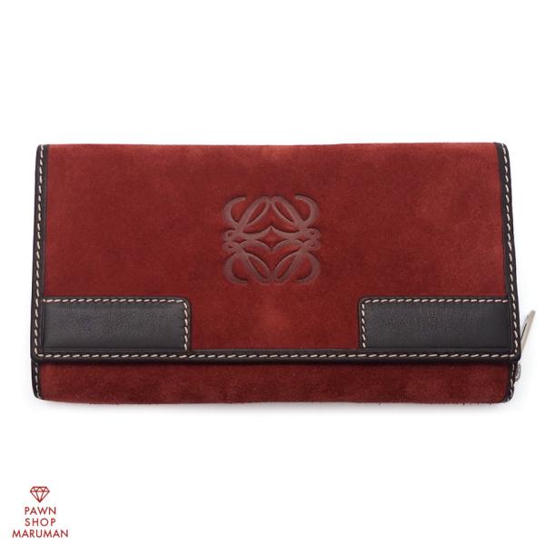 LOEWE（ロエベ） アナグラム 三つ折り長財布 スエード レッド×ダーク