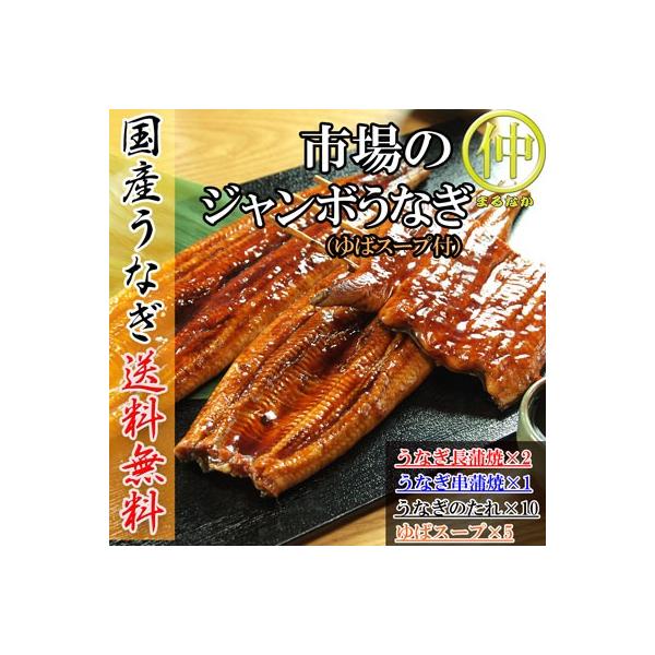 市場のジャンボうなぎ（うなぎ長蒲焼約200ｇ×2、うなぎ串蒲焼120ｇ×1、ゆばのスープ×5食）   国産　土用の丑の日　送料無料 うなぎ