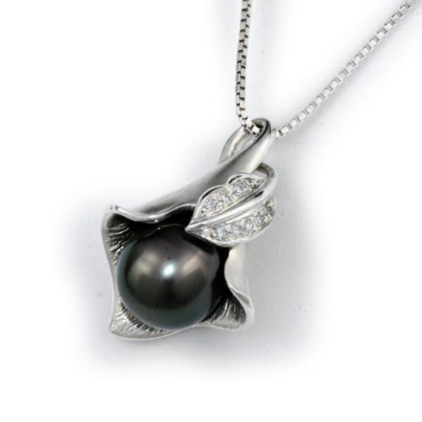 プラチナ製 ドロップ型黒真珠 ダイヤ ペンダント ネックレス