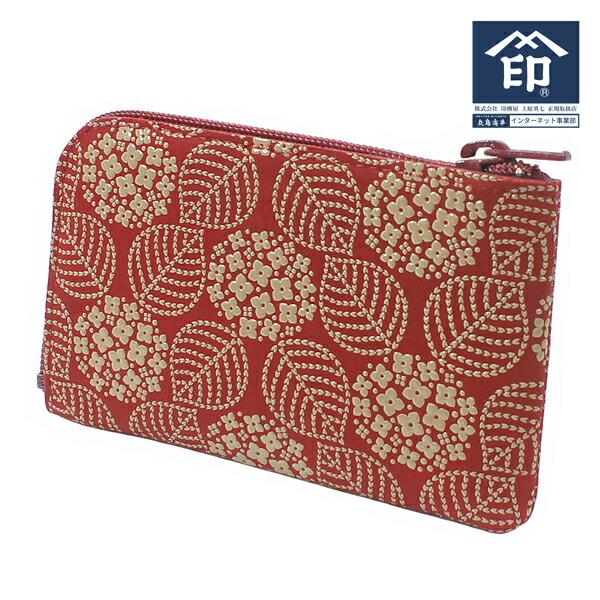 印伝 甲州印伝 印傳屋 上原勇七 財布 小銭入れ 小物入れ 1001 あじさい 紫陽花 赤地×白漆 鹿革 本革 レザー 花柄 ブランド 夏ギフト 納涼 贈り物 爆買 YM02
