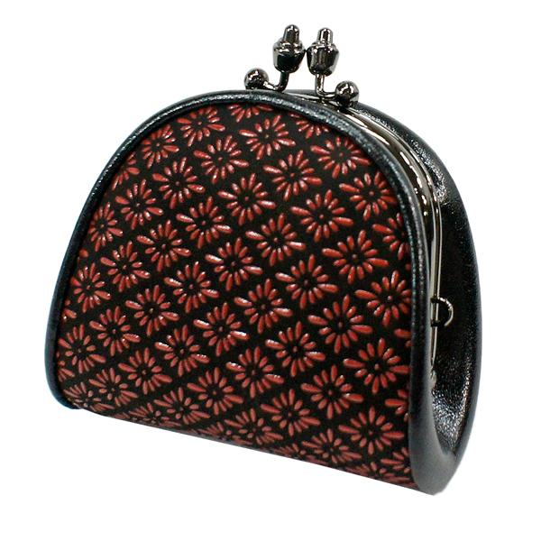 印傳屋 ハンドバッグ 鹿革 レザー がま口 黒地/赤漆 紗綾形模様 甲州