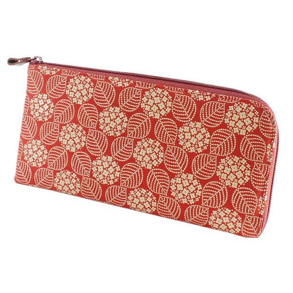 印伝 甲州印伝 印傳屋 上原勇七 財布 長財布 束入れ 2315 あじさい 紫陽花 赤地×白漆 鹿革 本革 レザー 花柄 ブランド 冬物 冬ギフト クリスマス 贈り物 YM01 印傳屋（INDEN-YA） 印伝 甲州印伝 上原勇七 財布 長財布 印伝財布 束