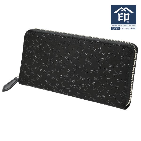 印伝 甲州印伝 印傳屋 上原勇七 財布 長財布 印伝財布 束入れ 2322 とんぼ 黒地×黒漆 鹿革 本革 レザー 和柄 ブランド 縁起 秋財布 お歳暮 贈り物 YM01