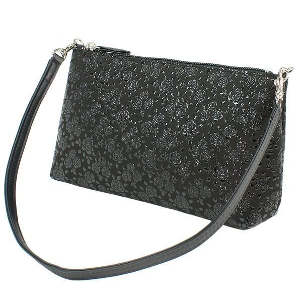 印伝 甲州印伝 印傳屋 上原勇七 化粧ポーチ 手提げ 4411 ローズ小 黒地×黒漆 鹿革 本革 レザー 花柄 ブランド 冬物 冬ギフト クリスマス 贈り物 YM02 印傳屋（INDEN-YA） 印伝 甲州印伝 上原勇七 化粧ポーチ 手提げ 4411