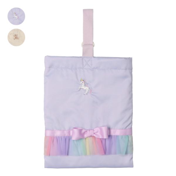 入園・入学準備品！ 学校、習い事、おけいこ事にも！ 手提げデザインのシューズケース、シューズバック、シューズバッグ、靴入れ。 チュールフリルとリボンもポイント！ ラベンダーはユニコーン、ベージュはくまの刺繍入り。 内側はユニコーンの総柄、く...