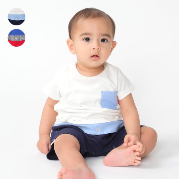 Tシャツとシャツのレイヤード風コーデが1枚で楽しめるロンパースです！ 脇と股下開きでおむつ替えやお着替えも楽ちん♪ 同じポケット付のTシャツ（M32817）があるので、兄弟でお揃い、ペアコーデ、リンクコーデもおすすめ！ おそろいアイテムはギ...