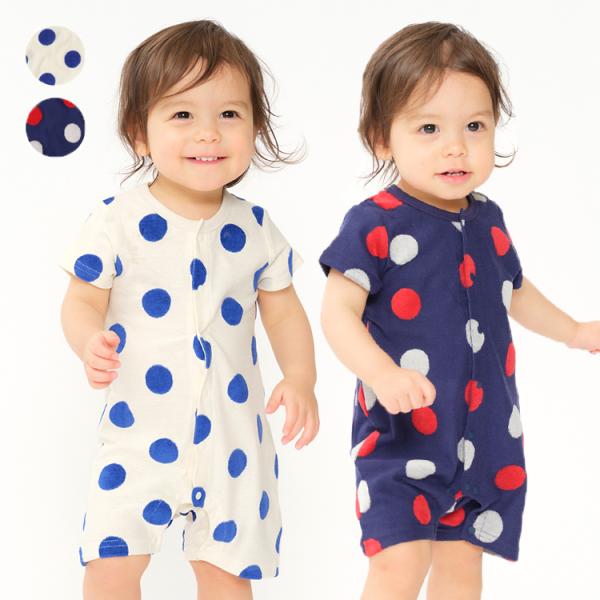 再値下げ 25夏SALE37%OFF価格 moujonjon (ムージョンジョン) ドット柄前開き半袖ロンパース・Tオール 70cm，80cm M34700