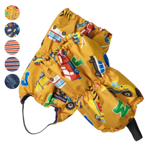 雪遊びに、外遊びに、寒い地域にぴったりなアイテムです！！ キャハン、靴カバー、雪よけカバー、足カバーです！！ イエローとネイビーは働く車の総柄、オレンジとレッドはボーダー柄、ブルーはデニム風プリント柄の5色展開。 表は耐水圧2000mmです...