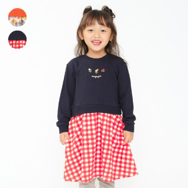 シンプルなお花とブランドロゴの刺繍入りのトレーナーとスカートのドッキングデザインのワンピース。 アプリコットのカラーはスカートがアンティークキルト柄、ネイビーはギンガムチェック柄。 秋から春まで長く着られる裏毛素材。  【アイテム】長袖　ロ...