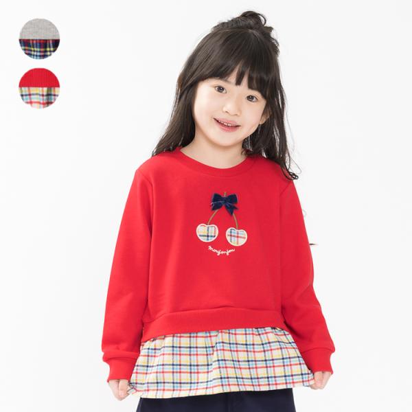 再値下げ 25秋冬SALE50%OFF価格 子供服 moujonjon (ムージョンジョン) さくらんぼチェック切替裏毛トレーナー・スウェット M64604