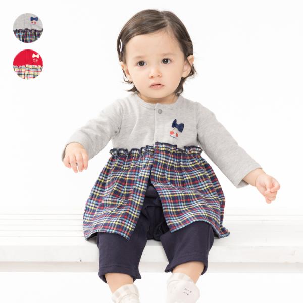 裏毛素材のトレーナーに先染めチェック柄のスカートがドッキングした長袖ロンパース、トレーナーオール。 １枚でコーディネートが決まるアイテム。 同じチェック柄で男の子のトレーナー（M54606）、パンツ（M55008）、ワンピース（M64308...