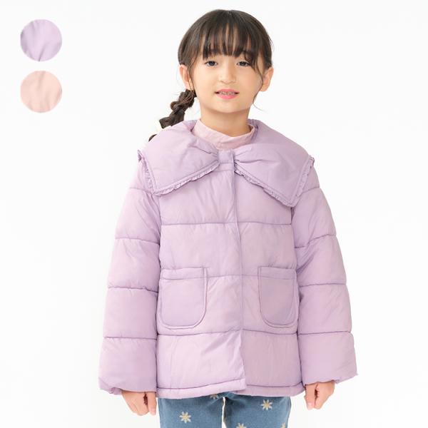 フリルの付いたリボンデザインの衿が女の子らしい！ 無地デザインでどんなアイテムとも合わせやすい！ ナイロン素材の中綿入りジャケット、ジャンパー、アウター。 【アイテム】無地 シンプル ガーリー カジュアル お洒落 オシャレ かわいい 大人可...