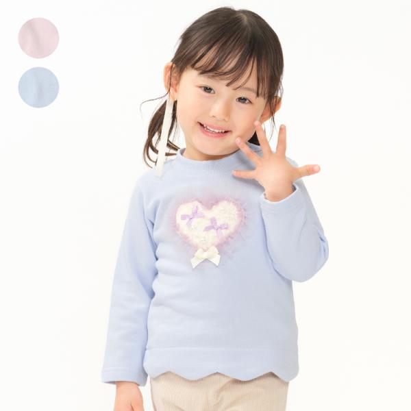 裾はスカラップデザイン。 チュールやリボン、パールを使用したハートのモチーフが女の子らしい！ 秋から春まで長く着られる裏毛素材のトレーナー、スウェット。 （ベビーサイズのみ肩ボタン仕様になります。） 【アイテム】トップス　シンプル ガーリー...