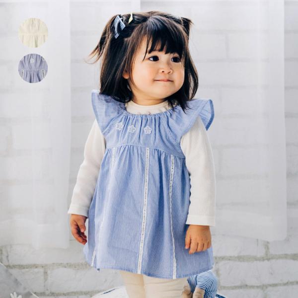 爽やかなオフホワイトの無地とライトブルーのストライプ柄のチュニックです。 梯子レースを挟み込んだデザインとオーガンジーのお花モチーフがポイント。 お手持ちのTシャツと重ね着したり、夏は1枚で。 長く着られるアイテムなので、ギフトやプレゼント...