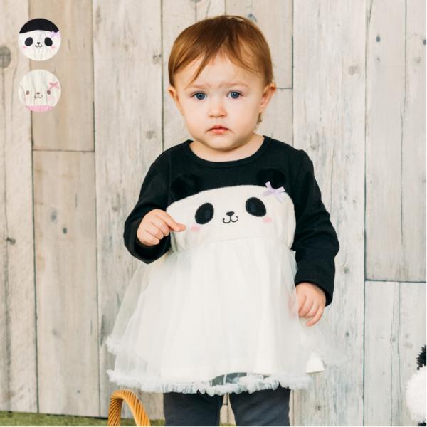 胸元の動物部分は暖かみのあるミニモケット素材。 なりきり動物チュニック。 切替下部分はチュールで女の子らしく、裾のギャザーのフリルもポイント！ リボンが付いたうさぎとパンダの顔の刺繍が目を惹くアイテム。 ベビーらしいデザインでギフトやプレゼ...