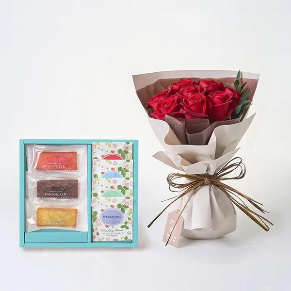 [Release date: May 18, 2025]ホシファーム フリルブーケルージュ８本＆フィナンシェ ティー７個入 メッセージカード付 ラッピング済ホシファームのバラブーケと華やかなフィナンシェとウェッジウッドの紅茶のコンビギフトで...