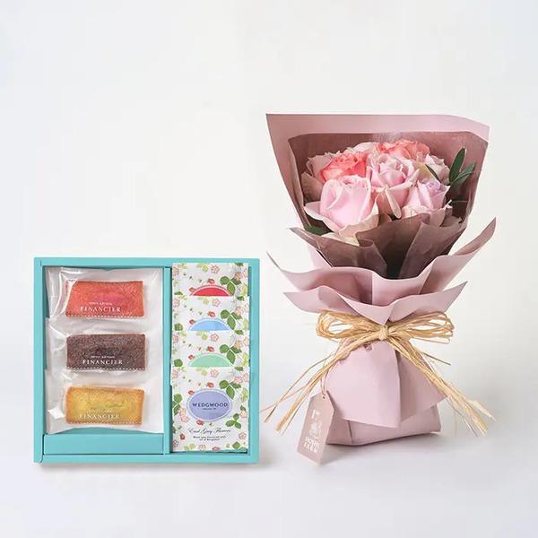 [Release date: May 18, 2025]ホシファーム フリルブーケスイート８本＆フィナンシェ ティー７個入 メッセージカード付 ラッピング済ホシファームのバラブーケと華やかなフィナンシェとウェッジウッドの紅茶のコンビギフトで...
