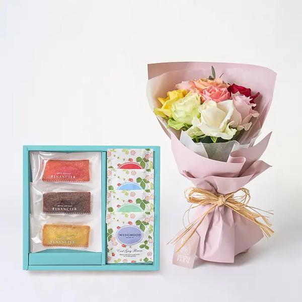 [Release date: May 18, 2025]ホシファーム フリルブーケカラフル８本＆フィナンシェ ティー７個入 メッセージカード付 ラッピング済ホシファームのバラブーケと華やかなフィナンシェとウェッジウッドの紅茶のコンビギフトで...