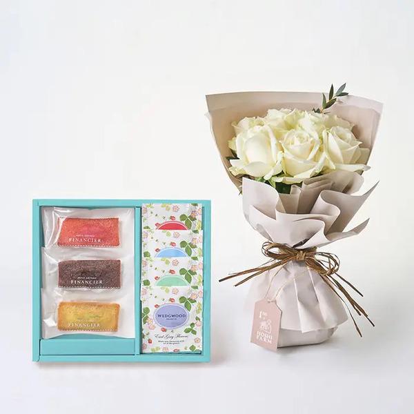 [Release date: May 18, 2025]ホシファームフリルブーケピュア８本＆フィナンシェ ティー７個入 メッセージカード付 ラッピング済ホシファームのバラブーケと華やかなフィナンシェとウェッジウッドの紅茶のコンビギフトです。...
