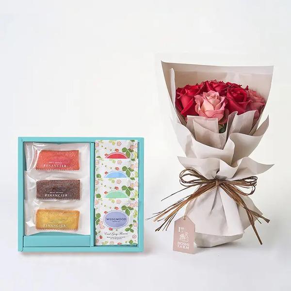 [Release date: May 18, 2025]ホシファーム フリルブーケ ニュアンスレッド ８本＆フィナンシェ ティー７個入 メッセージカード付 ラッピング済農園直送　花持ちのよい摘みたてバラのフリルブーケと、華やかなフィナンシェ...