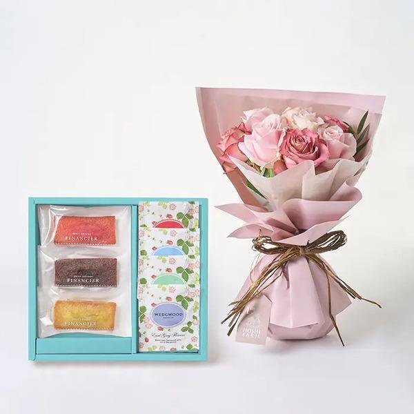 [Release date: May 18, 2025]ホシファーム フリルブーケ ニュアンスピンク ８本＆フィナンシェ ティー７個入 メッセージカード付 ラッピング済農園直送　摘みたてバラのフリルブーケと、華やかなフィナンシェとウェッジウ...