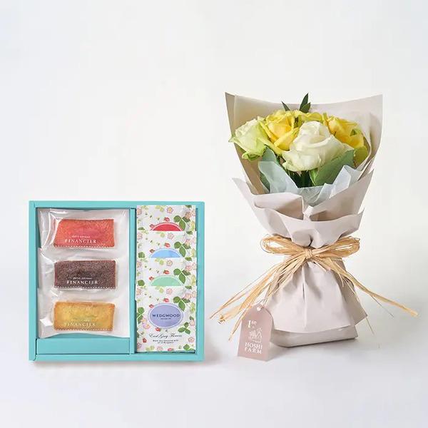 [Release date: May 18, 2025]ホシファーム フリルブーケホワイトイエローグリーン８本＆フィナンシェ ティー７個入 メッセージカード付 ラッピング済農園直送　摘みたてバラのフリルブーケと、華やかなフィナンシェとウェッ...