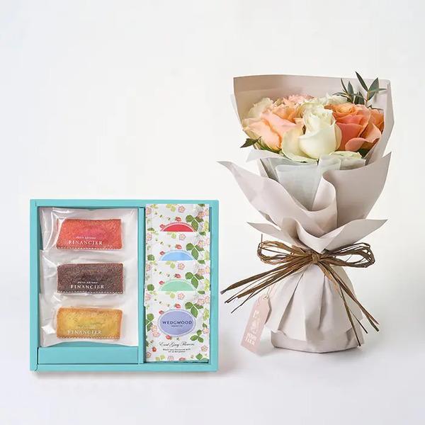 [Release date: May 18, 2025]ホシファーム フリルブーケ ホワイトオレンジ ８本＆フィナンシェ ティー７個入 メッセージカード付 ラッピング済農園直送　摘みたてバラのフリルブーケと、華やかなフィナンシェとウェッジウ...