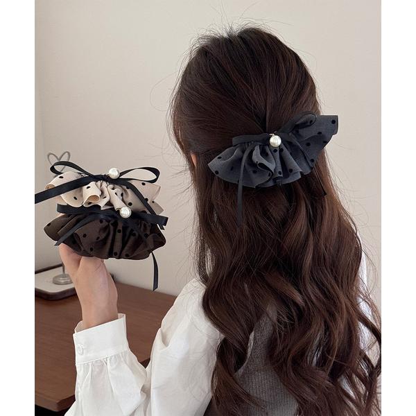 ドット柄 フリルリボン ヘアクリップ上品