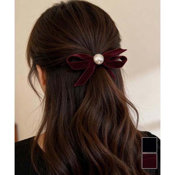 ベロア調 リボンヘアクリップ 大人可愛い