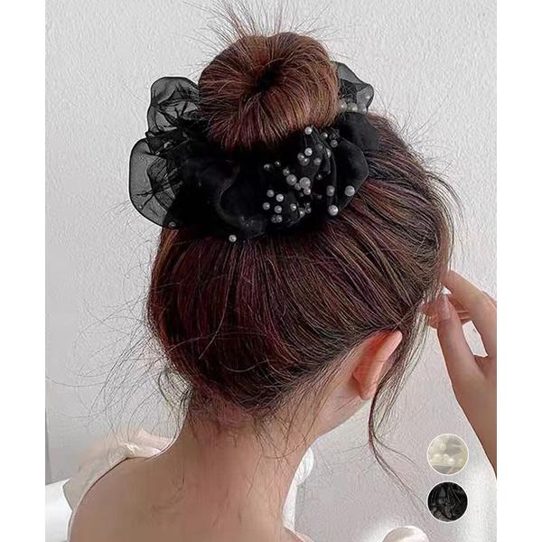 チュールシュシュ パール付きヘアゴム 黒