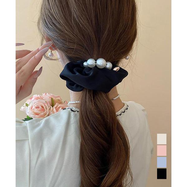 サテンヘアゴム シュシュ パール付き