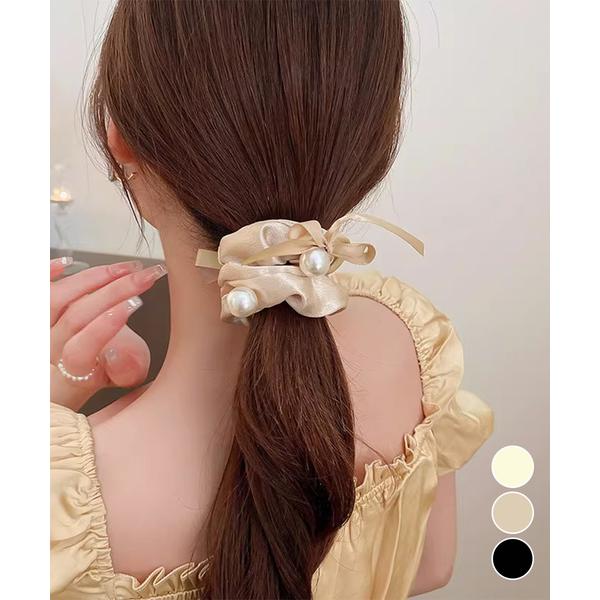 サテンヘアゴム パール付き シュシュ