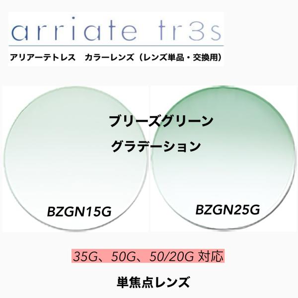 カラーレンズ　アリアーテトレス　ブリーズグリーン（BZGN）グラデーションカラーです。1.60球面レンズにアリアーテトレスカラーが付いて6,500円になります。追加で様々なレンズがご選択頂けます。濃度、レンズタイプをお選び下さい。1.67両...