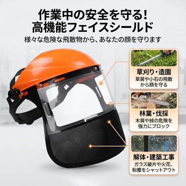 刈払作業用 フェイスシールド 防護面 メッシュ 直かぶり型 フリップアップ式 頭囲調整可能 高通気性 耐衝撃 草刈機 チェーンソー対応 オレンジ・交換用PVC付