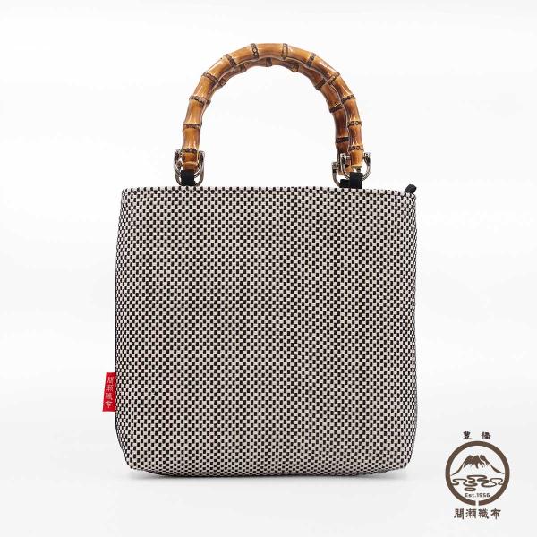 刺し子 手提げバッグ バンブー 竹製持ち手 白黒 黒 スクエア