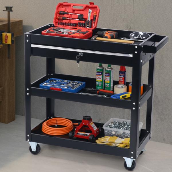 ガレージや工場、DIY作業にぴったりな耐久性抜群のスチール製ツールワゴンです。3段棚と引き出し、さらに鍵付き収納で、工具や部品をすっきり整理整頓できます。キャスター付きで移動もラクにできます。頑丈なスチール構造重い工具も安心して収納可能です...