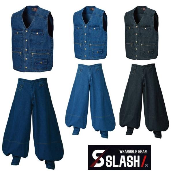 SLASH デニム ベスト 超々ロング 上下セット 鳶 M〜3L かんたん SLASH デニム ベスト 超々ロング 上下セット 鳶 M〜3L かんたん