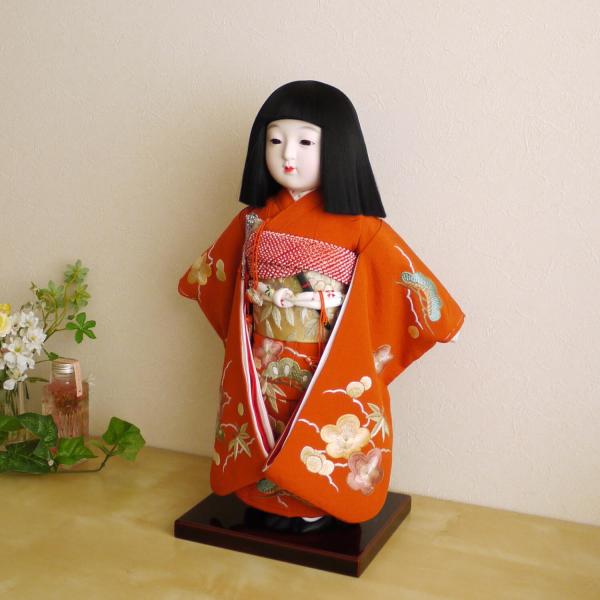 市松人形 元賀章介 12号尺二正絹手刺繍 松竹梅 エンジ 手塗本漆台 増村